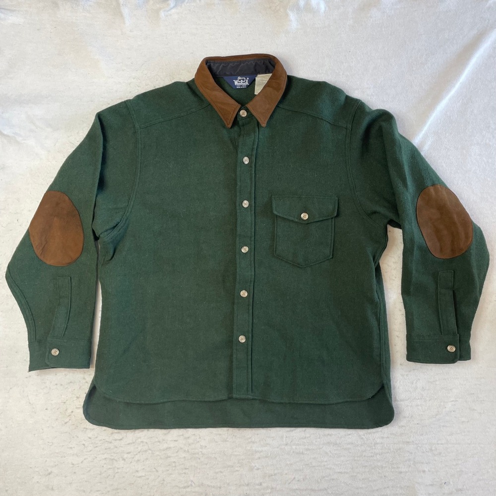 Woolrich Wool Blend Shirt Mens XL Green Elbow Patches Made in USA